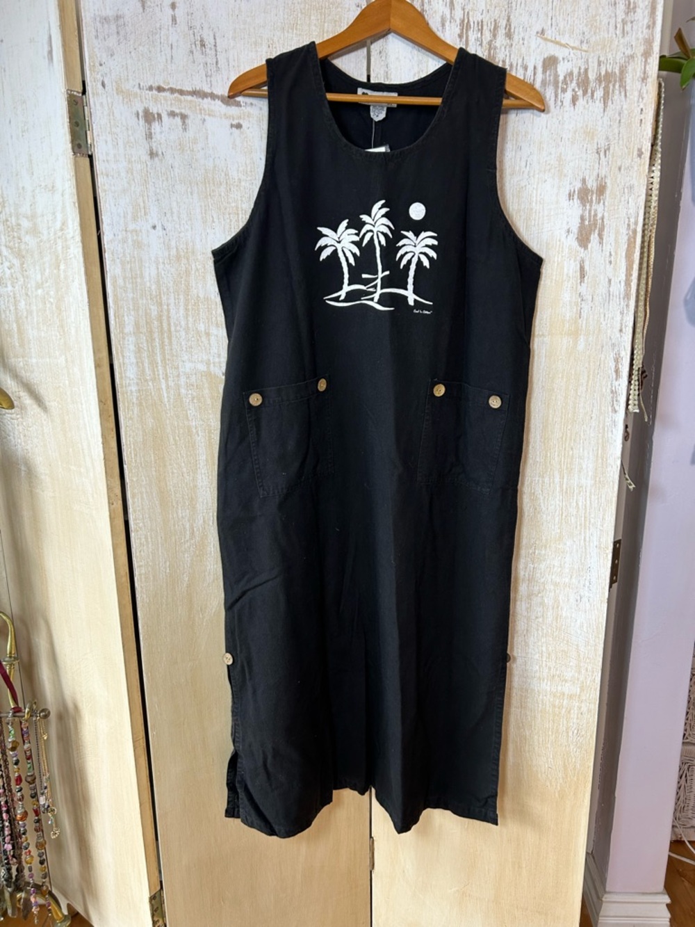 Rare Vintage NWT Cool In Cotton Tropical Palm Tree Maxi Dress - Black Lagenlook